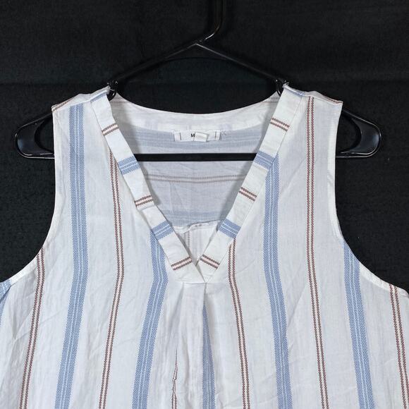 Mine Womens Blouse White Striped Sleeveless V Neck Tank Button Back Large - Picture 2 of 10